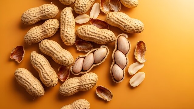 Pile of unshelled peanuts scattered on a vibrant orange background