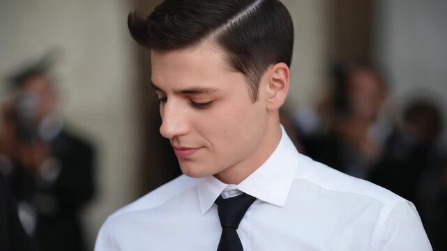 Responding to camera cue, man adjusting black necktie on white shirt, turning head left at event