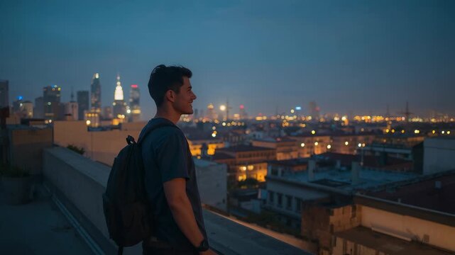 Standing man rooftop parapet dark tee backpack watch gazing skyline as lights coming on, copy space