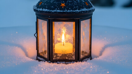 Cozy winter scene with a burning candle in a decorative lantern on a snowy background