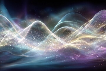 Abstract Digital Waveform Displaying Multicolored Light Patterns and Sparkling Particles on Black Background