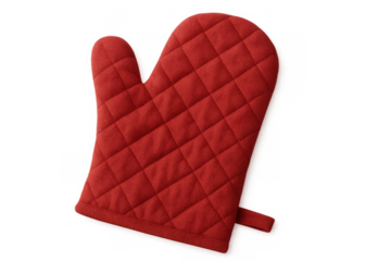 Red quilted oven mitt protecting hands from heat, a kitchen utensil for baking and cooking, on transparent background