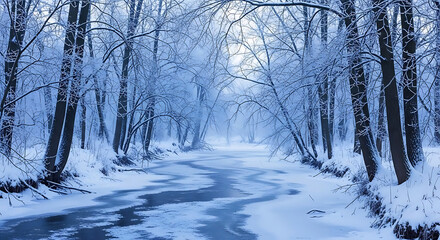 A frozen river flowing through a snow covered forest with trees covered in snow and a misty background ai generated