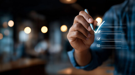 Business hand checking digital checklist on virtual screen task management visualization project planning interface productivity dashboard technology workflow system