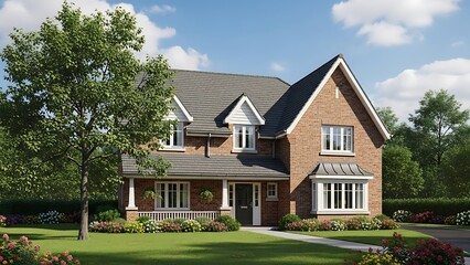 Charming modern brick house with vibrant garden and blue sky.