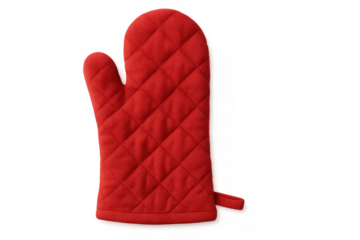 Red quilted oven mitt protecting hands during cooking and baking, providing safety in the kitchen, transparent background
