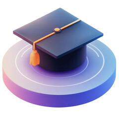 Graduation Cap on Purple Blue Gradient Platform with White Lines and Orange Tassel in 3D Illustration for Education "isolated on transparent background