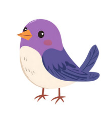 Adorable cartoon purple and white bird with orange beak and blue wings isolated on transparent background