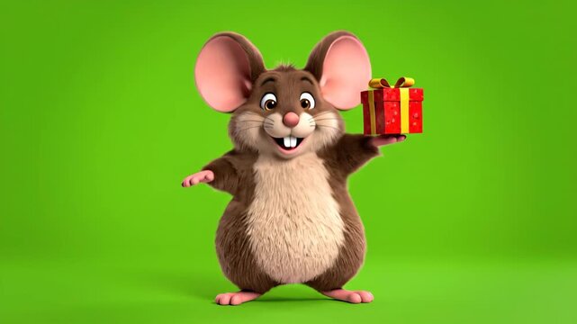 Delightful 3D animated mouse character presenting a festive Christmas gift box on a vibrant green background, perfect for holiday clips and seasonal promotions