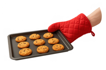 Hand wearing red oven mitt holding baking sheet with freshly baked chocolate chip cookies. Sweet homemade dessert treat