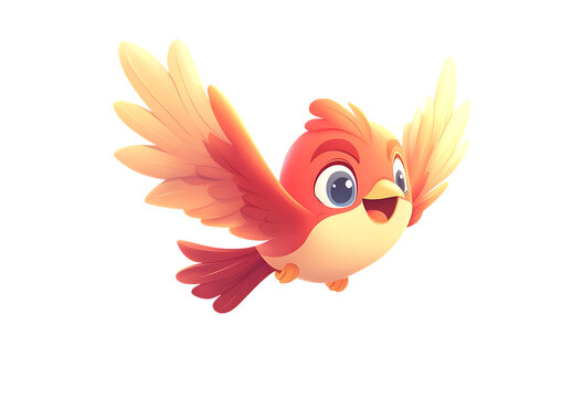 Cute cartoon fire bird with bright orange and yellow feathers flying joyfully isolated on transparent background