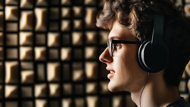A young man with headphones talks while recording a podcast in a soundproof studio room designed