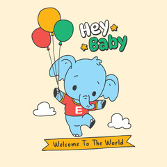 Cute Baby Elephant Floating with Colorful Balloons