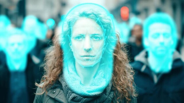 A group of people in an urban environment interacts with facial recognition technology. Surveillance, privacy issues in modern society