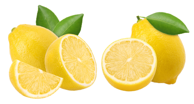 lemon fruit with leaves, slice and half isolated, Fresh and Juicy Lemon, transparent png, PNG format, Collection - Powered by Adobe