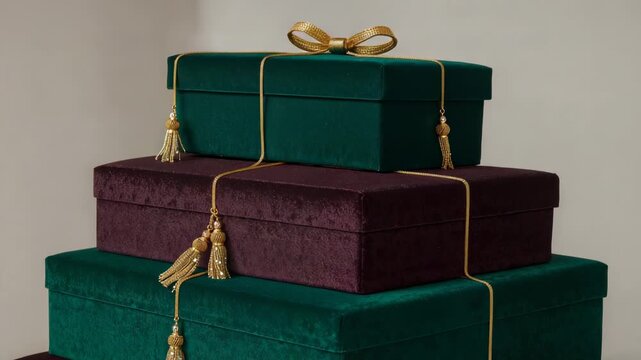 Rising camera revealing three stacked velvet boxes in studio beige wall, showing gold cord and bow