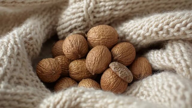 Pulling camera back, closeup revealing beige cable-knit folds and highlighting nut cluster with cap