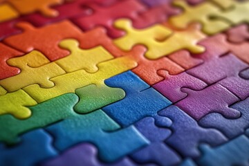 Colorful puzzle pieces representing World Autism Awareness Pride Day Month with vibrant rainbow colors promoting acceptance and inclusivity in celebration of neurodiversity