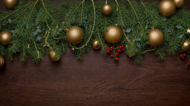 Zooming overhead camera showing pine garland on table with gold baubles and red berries for display