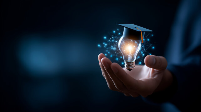 Business hand holding AI light bulb with graduation cap artificial intelligence education interface smart learning visualization online course platform digital transformation - Powered by Adobe