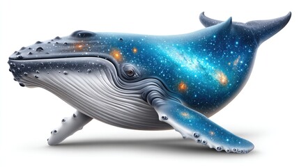 Celestial whale floating among stars on white background for dreamlike design and fantasy themes