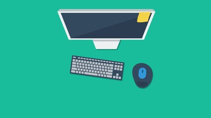 Animated office desk workspace top view - Powered by Adobe