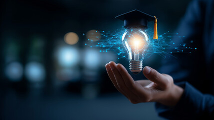 Business hand holding AI light bulb with graduation cap artificial intelligence education interface smart learning visualization online course platform digital transformation