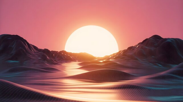 Sunrise landscape built from luminous data textures and glowing code – Digital nature and futuristic environment.