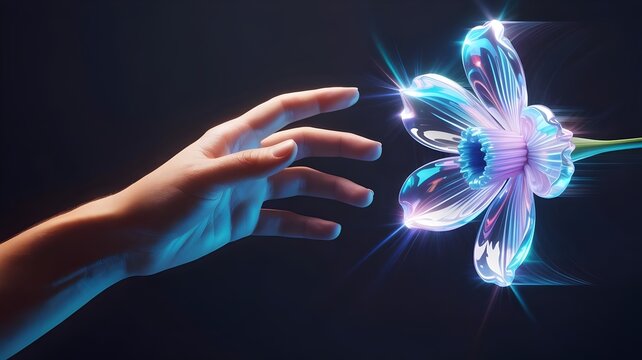 Human hand reaching toward ethereal glowing holographic flower – Futuristic floral design and digital art concept. - Powered by Adobe