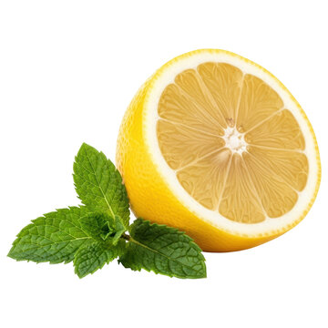 Fresh half lemon slice and green mint leaves for drinks and garnish on transparent background