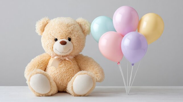 Adorable teddy bear with colorful balloons on white background for children's party decor or gift inspiration
