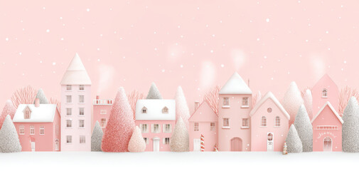 Fototapeta premium Charming Christmas background features whimsical village with pastel pink houses and snow covered trees. serene atmosphere evokes sense of joy and warmth during holiday season