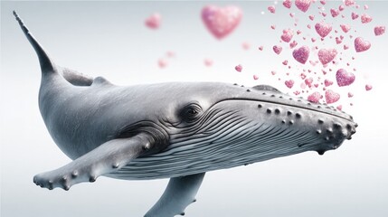 Whale blowing heart shaped bubbles isolated on white background - marine love concept for valentine's day design