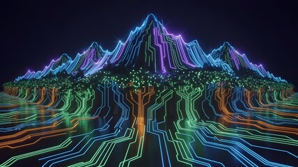 Mountain forest landscape formed by glowing neon circuit paths – Ideal for technology, nature fusion, or cyberpunk visual content.