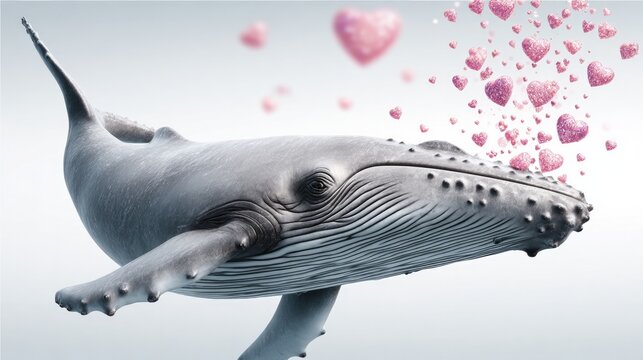 Whale blowing heart shaped bubbles isolated on white background - marine love concept for valentine's day design