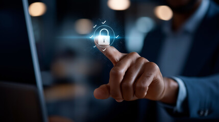 Professional using digital interface with checklist and security icons cybersecurity visualization data protection dashboard secure access platform identity verification system