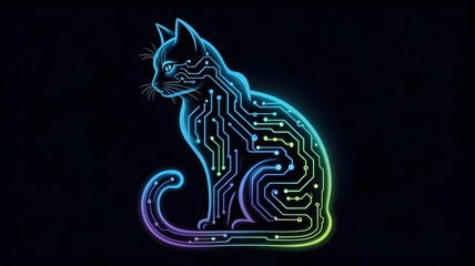 cat silhouette made of glowing blue circuit board patterns – Great for coding, digital art, or pet-tech fusion concepts.