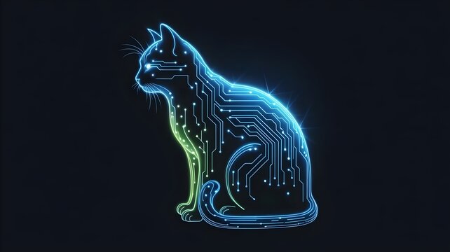 cat silhouette made of luminous green circuit board lines – Suitable for tech design, AI integration, or futuristic animal themes. - Powered by Adobe