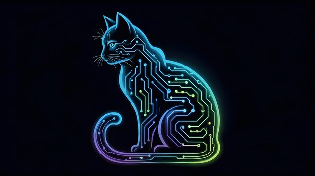 cat silhouette made of glowing blue circuit board patterns – Great for coding, digital art, or pet-tech fusion concepts.