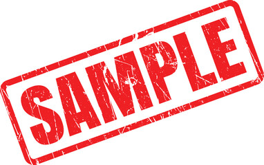 A textured red sample stamp with grunge details is tilted on a white background