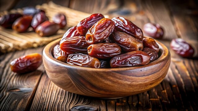 Fresh medjool dates in a wooden bowl on rustic table