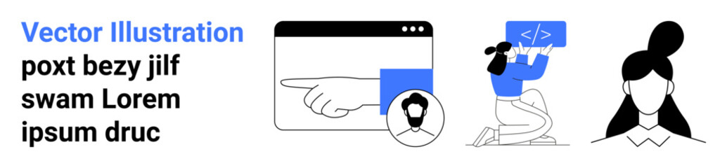 Web development, user experience, coding platforms, interface design, online identity, digital tools. Browser window with a pointer, coding and a user face. Web development and user experience