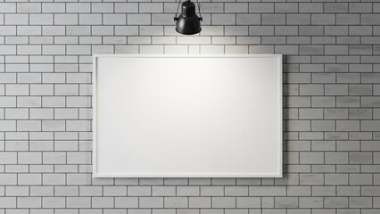 Blank white frame mockup on subway tile wall with industrial lamp