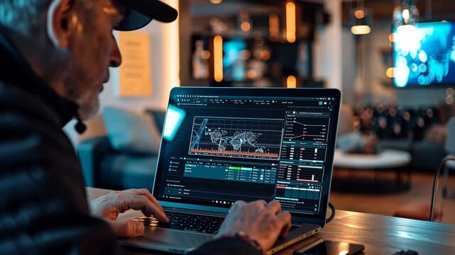 a web designer on a laptop, creating a website layout with interface elements and color palettes on the screen