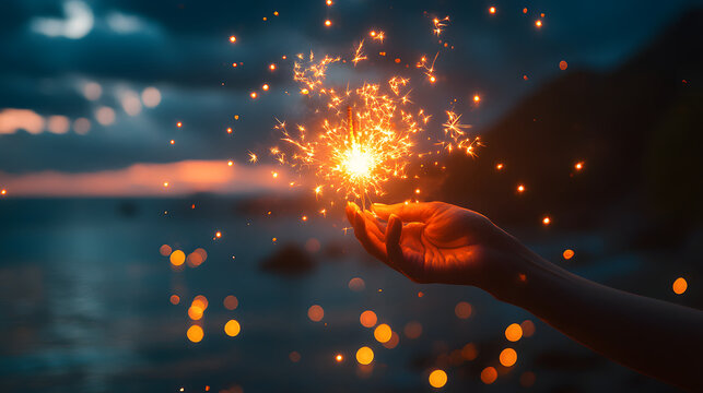 Sparkler shines in hand during twilight by the water