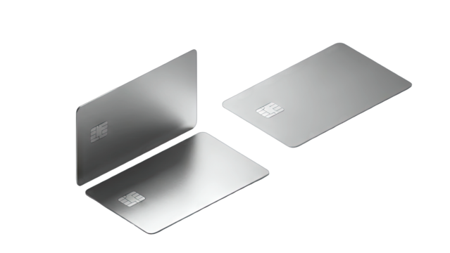 Modern Silver Credit Cards with Embossed Chip Set Floating Against a Dark Void Minimalist Design Clean Metallic Texture and Subtle Blue Accents