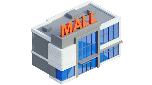Modern Shopping Mall Building With Large Glass Windows And Orange Signage On A Transparent Background