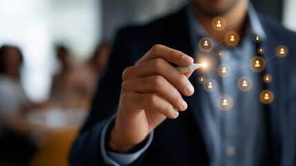 Professional using stylus on virtual HR interface human resource management visualization employee analytics dashboard digital recruitment platform workforce optimization