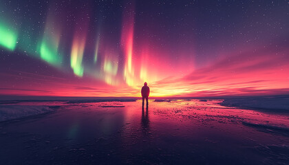 Men standing in majestic winter landscape under starry sky generated by AI