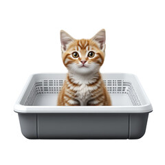 Cute orange kitten in litter box, on transparent background